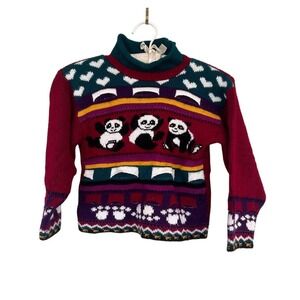 Vintage 80s Berek Kids Panda Sweater Size 5-6 Multicolor Crewneck USA Made